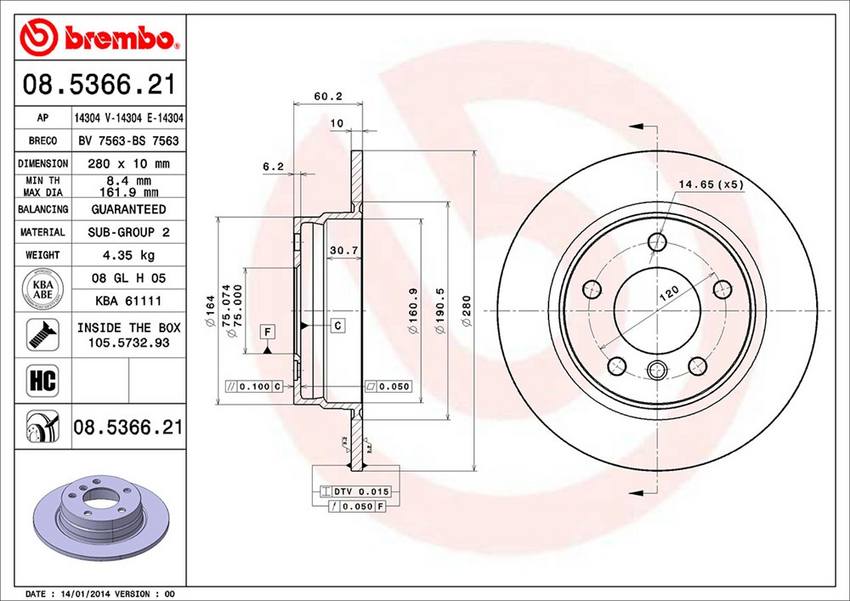 BMW Brembo Disc Brake Rotor - Rear (280mm) 34216864051